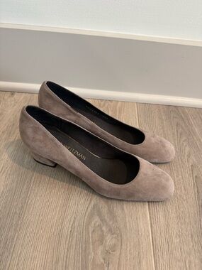 Stuart Weitzman Taupe Suede Low Block Heel Pumps